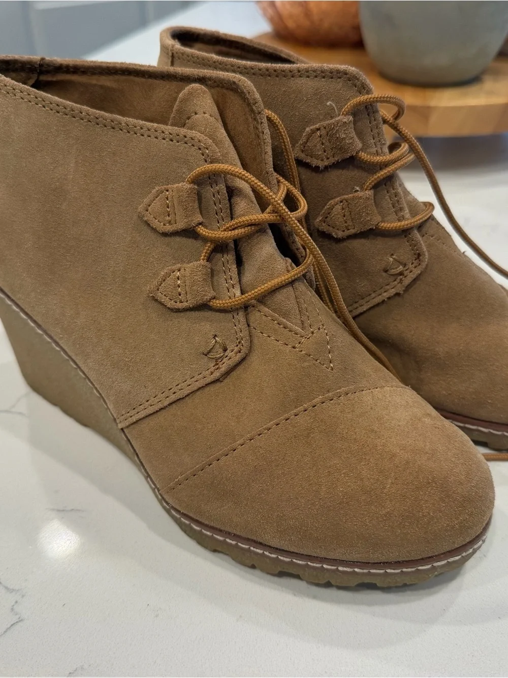 Toms Suede Lace-Up Wedge Booties in Brown